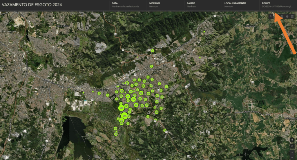 Mapa do Dashboard de vazamento de esgoto 2024, apresentando os pontos de vazamento no município de Mogi das Cruzes. O filtro está ajustado para a equipe DOSES2 (V-182).