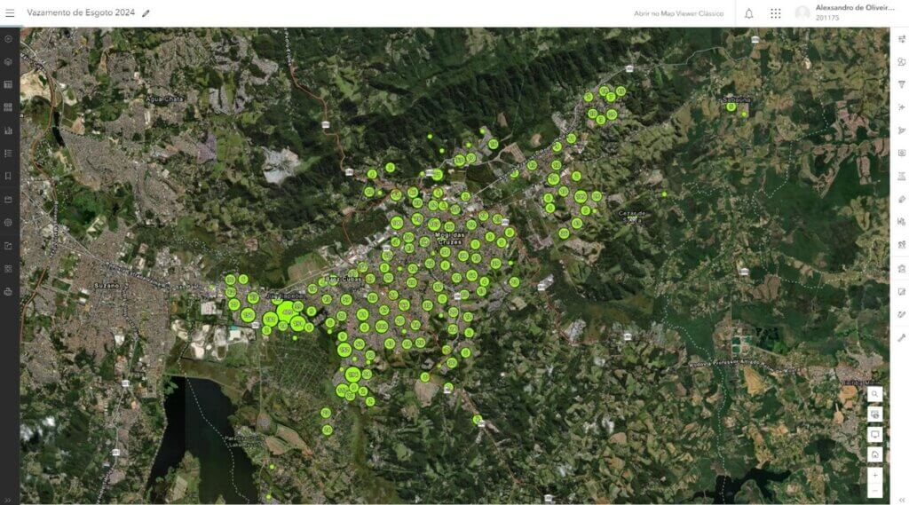 Dashboard de vazamento de esgoto 2024, mostrando um gráfico de barras que exibe os vazamentos agrupados por equipe. A equipe V181 apresenta o maior número de reparos.