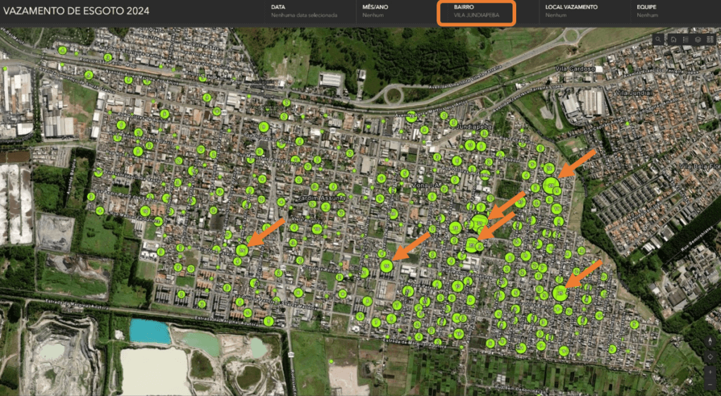 Mapa do Dashboard de vazamento de esgoto 2024 focado no bairro Vila Jundiapeba, mostrando a concentração dos pontos de vazamento de esgoto com círculos verdes