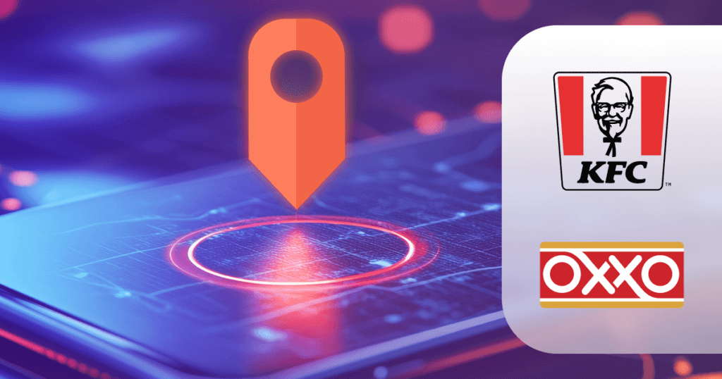 Imagem digital com um marcador de localização sobre um fundo tecnológico. À esquerda, o logotipo do KFC, representando uma rede de fast food, e à direita, o logotipo da OXXO, uma cadeia de conveniência