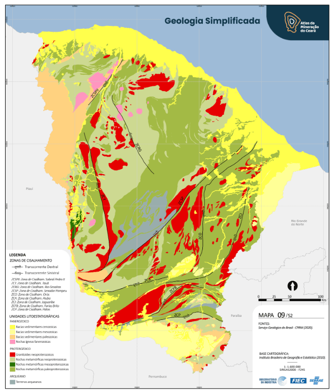 Mapa geológico simplificado da região norte do Ceará, destacando unidades litológicas e principais falhas tectônicas, classificadas por cores que indicam diferentes tipos de rochas e eras geológicas.