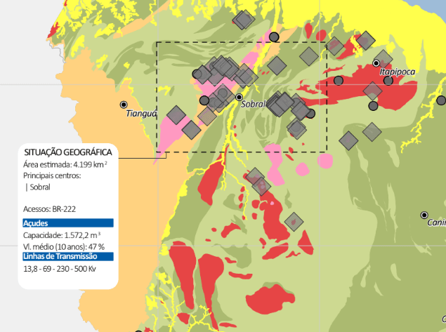 Mapa geológico da região de Sobral, destacando unidades litológicas e infraestrutura, como açudes e linhas de transmissão de energia, além de áreas com atividades econômicas e geológicas.