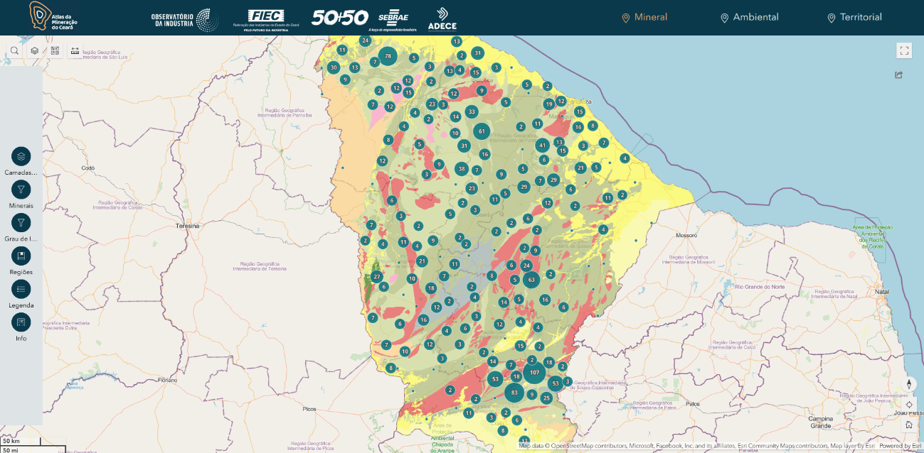Mapa do Ceará com marcadores em azul indicando a localização e a quantidade de recursos minerais. A região do Cariri é destacada como uma área de maior concentração de recursos.