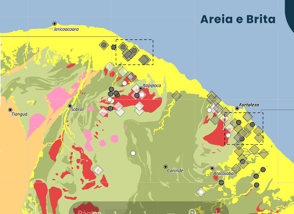 Mapa indicando áreas de mineração de areia e brita no Ceará, destacando localidades próximas a Fortaleza e Itapipoca, mostrando a relação entre atividades econômicas e unidades geológicas.