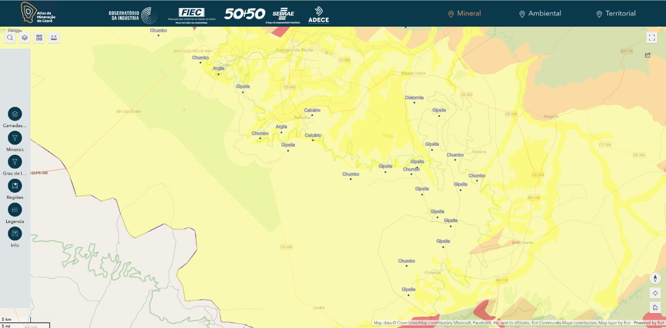 Mapa geológico simplificado da região de Crato, no sul do Ceará, com informações sobre a distribuição de substâncias minerais como gipisita e chumbo, além de unidades de conservação e áreas indígenas.