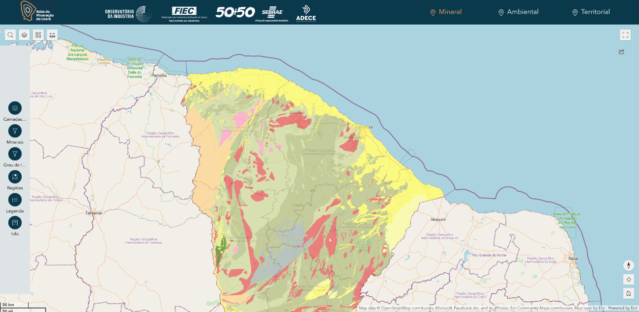Mapa mostrando áreas de exploração de areia e brita na região norte do Ceará, destacando atividades minerárias em diferentes localidades, incluindo Tianguá, Itapipoca, e Fortaleza.