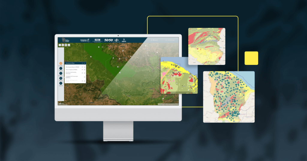 Tela de computador exibindo um mapa geoespacial interativo, destacando áreas de risco ambiental. Ao redor do monitor, estão ampliados três mapas temáticos adicionais, com diferentes camadas de dados geoespaciais representados por cores e pontos. O design sugere o uso de tecnologia GIS para análise ambiental e planejamento territorial.