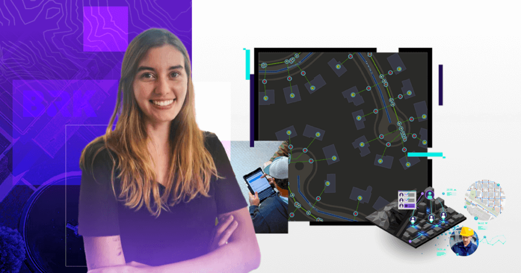 Imagem de fundo roxo com linhas de contorno que representam mapas. Uma mulher sorridente está à esquerda da imagem. À direita, há uma visualização de um mapa em preto com conexões destacadas, uma pessoa utilizando um tablet, e outros elementos gráficos relacionados à tecnologia GIS e mapeamento.