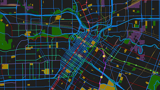 Mapas de vias e áreas verdes em ilustração de fundo preto