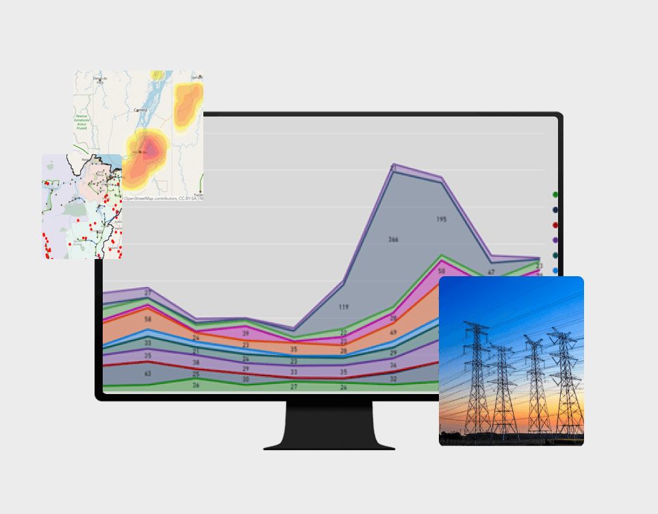 Imagem mostrando um gráfico de linhas multicolorido com dados geoespaciais sobrepostos, representando análise de gestão de ativos no setor elétrico. Ao lado, há uma imagem de linhas de transmissão de energia elétrica ao pôr do sol.