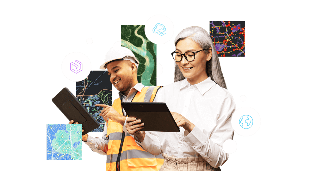 Homem com tablet e mulher com tablet ao fundo imagens de mapas.