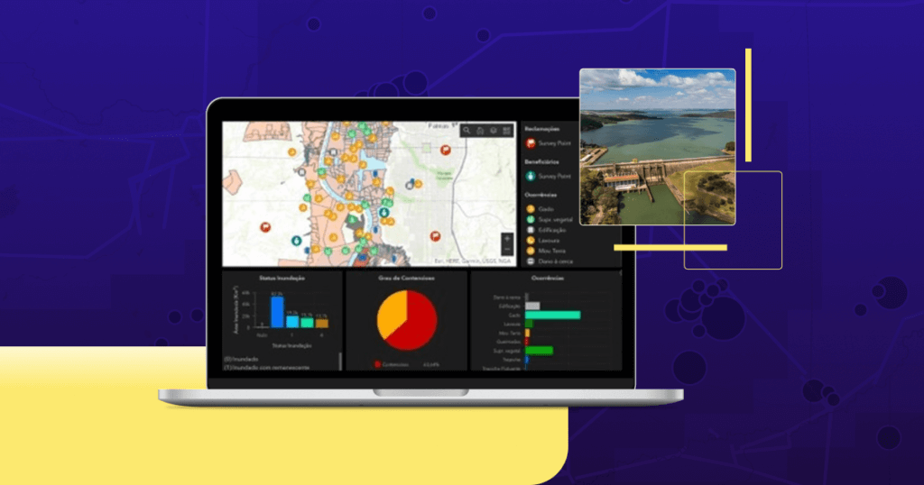 Tela de um laptop exibindo um painel interativo de análise geoespacial, com gráficos coloridos e mapeamento de dados urbanos. Ao lado, uma imagem aérea de uma usina hidrelétrica cercada por vegetação. O fundo apresenta um padrão abstrato que remete à análise de dados.