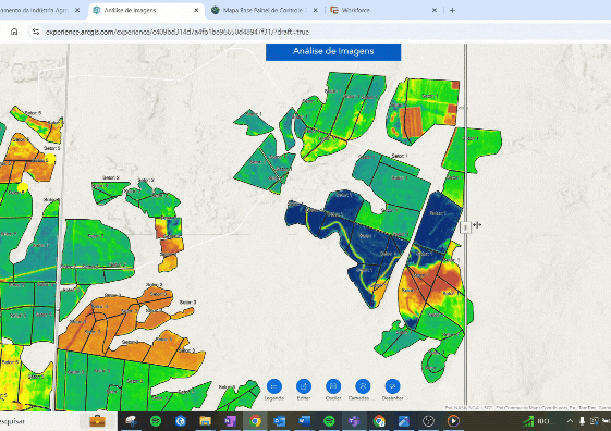 Mapa temático exibindo análise de imagens agrícolas em um painel do ArcGIS, mostrando diferentes níveis de produtividade em áreas agrícolas com legendas coloridas que indicam variações de densidade e desempenho.