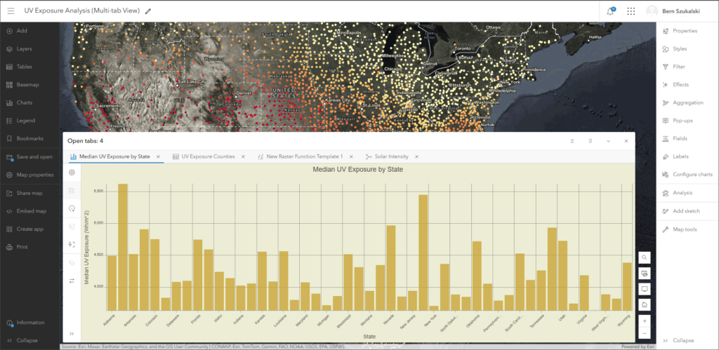Análise de exposição à radiação UV no ArcGIS Online mostrando pontos coloridos em um mapa dos EUA. Abaixo do mapa, um gráfico de barras apresenta a exposição mediana à radiação UV por estado, destacando variações de intensidade em diferentes locais. Esses textos alternativos fornecem descrições detalhadas das funcionalidades e análises apresentadas em cada imagem, facilitando a acessibilidade e compreensão do conteúdo visual do ArcGIS Online.