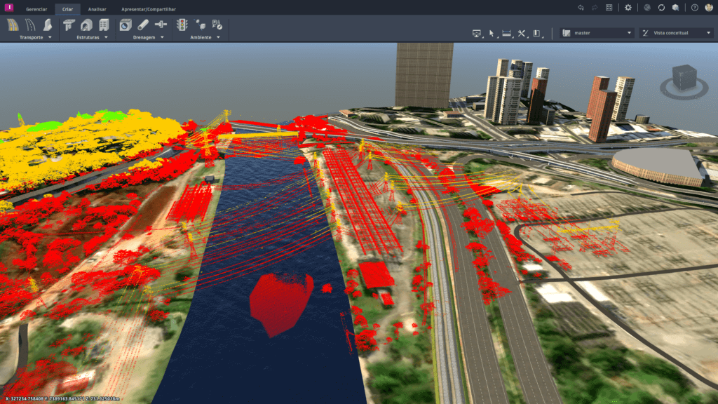 Cena de São Paulo em 3D com sobreposição de camadas de nuvem de pontos