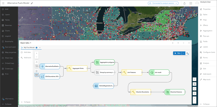 Modelo de análise espacial no ArcGIS Online para combustíveis alternativos. A imagem mostra o processo visual de análise, incluindo nós para agregar pontos, unir feições, dissolver limites e outras operações de geoprocessamento.