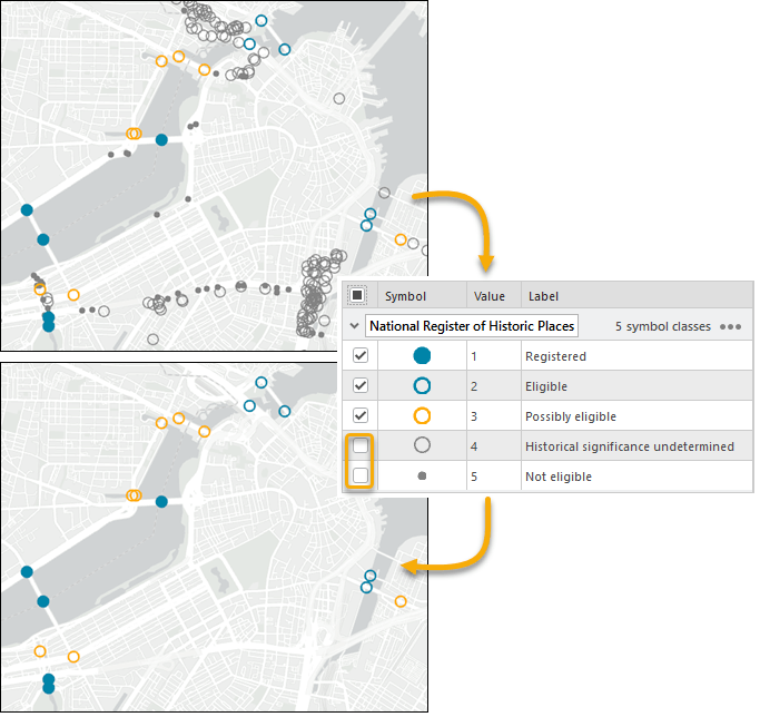 Painel de simbologia no ArcGIS Pro para controle de visibilidade de símbolos em um mapa temático. A imagem mostra a comparação entre a exibição de diferentes categorias antes e depois do ajuste de simbologia.