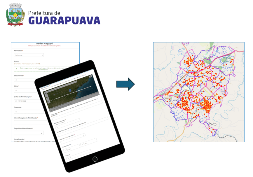Exemplo de uso de um aplicativo móvel para coleta de dados em campo, integrando informações de notificações sobre dengue com um mapa temático mostrando focos registrados na cidade de Guarapuava.