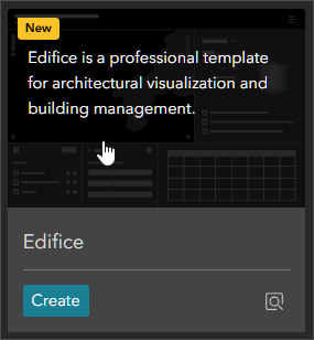 Janela do ArcGIS Online mostrando o template "Edifice", que é uma ferramenta profissional para visualização arquitetônica e gerenciamento de edificações. Botão "Criar" disponível para iniciar um novo projeto usando este template.