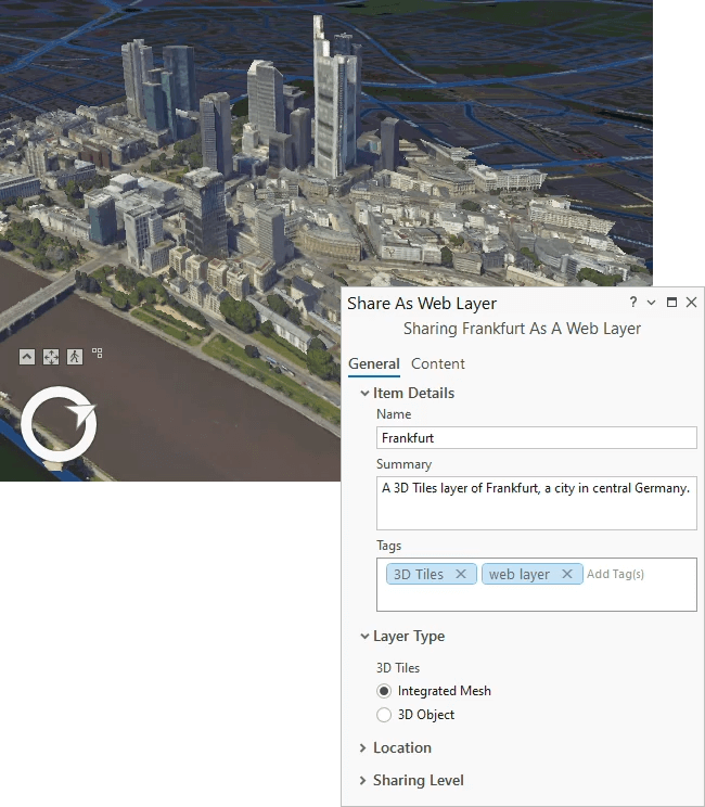 Visualização 3D de Frankfurt compartilhada como uma camada web no ArcGIS Pro. A janela "Share As Web Layer" está aberta, mostrando as opções de configuração para publicar a camada 3D, incluindo nome, resumo e tipo de camada.