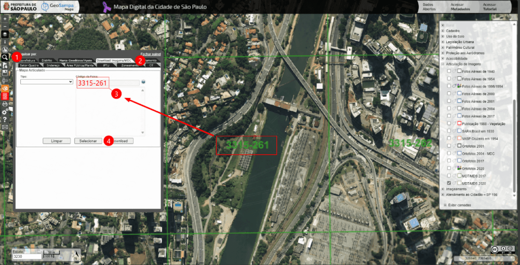 Mapa digital da cidade de são paulo com visão de satélite e rio passando ao lado de paines do GeoSampa