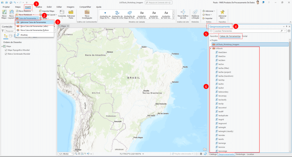 Mapa do Brasil com paineis indicando a sequência de ações para usar a ferramenta