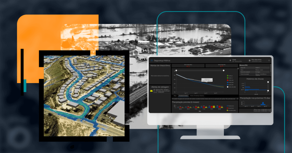 Imagem composta mostrando um monitor exibindo um painel de controle com dados sobre segurança hídrica, incluindo alertas de cheia, seca e previsões de precipitação. À esquerda, uma visualização de um modelo 3D de uma área urbana com marcações de possíveis inundações. Ao fundo, uma imagem em preto e branco de uma área alagada, sugerindo os impactos das cheias em uma cidade.