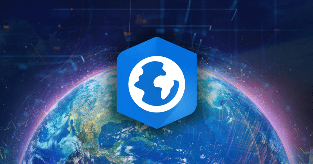 Logotipo do ArcGIS Pro, software da Esri, com um ícone azul hexagonal apresentando um globo branco estilizado no centro. O fundo mostra uma imagem digitalizada da Terra vista do espaço, com linhas e pontos conectados simbolizando redes e tecnologia geoespacial.