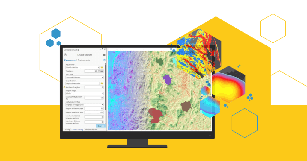 Tela de computador exibindo a interface do ArcGIS Pro, com ferramentas de geoprocessamento configuradas à esquerda e um mapa com dados raster coloridos à direita. O fundo tem elementos hexagonais representando análise espacial.