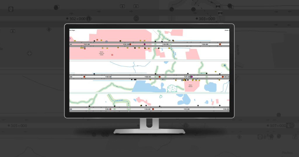 Imagem de uma tela de computador exibindo um mapa linear com diversas camadas de informações geográficas sobrepostas. O mapa apresenta uma estrada no centro, acompanhada por áreas em diferentes cores que indicam zonas específicas, como áreas de preservação e infraestrutura urbana. Ícones distintos estão distribuídos ao longo do mapa, representando diversos pontos de interesse ou incidentes, como instalações, obstáculos, locais de risco e pontos de acesso. A imagem ilustra uma interface de software de GIS utilizada para monitoramento e gestão ambiental.