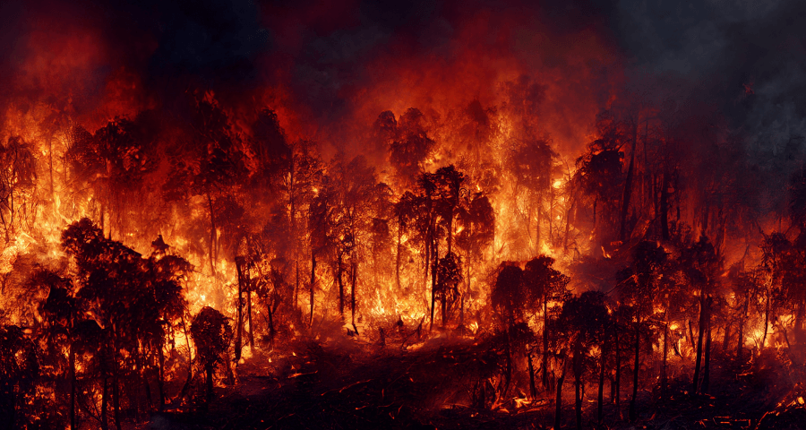 Imagem de uma intensa queimada florestal, com chamas altas consumindo árvores e arbustos sob um céu escuro e coberto de fumaça.