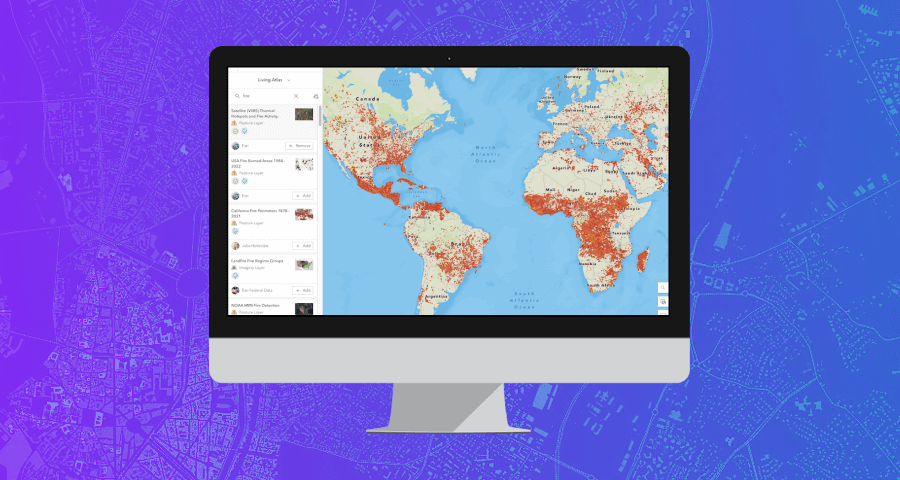Tela de computador exibindo mapa mundial no ArcGIS, com pontos vermelhos destacando locais de interesse, ao lado de uma lista de camadas, em fundo neutro.
