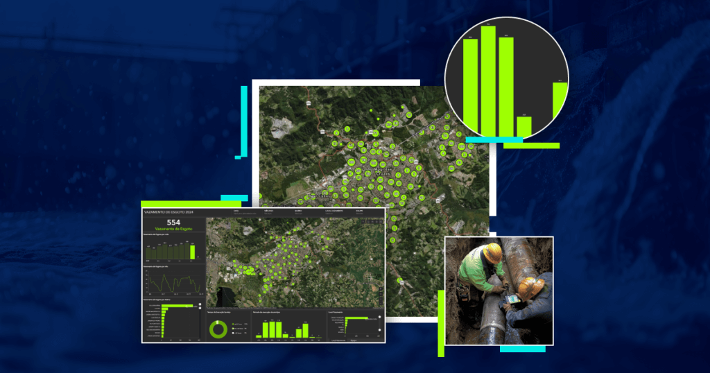 "Mapa de vazamento de esgoto com múltiplos pontos georreferenciados e gráficos de análise visual, acompanhado por uma foto de dois trabalhadores reparando um cano de esgoto."