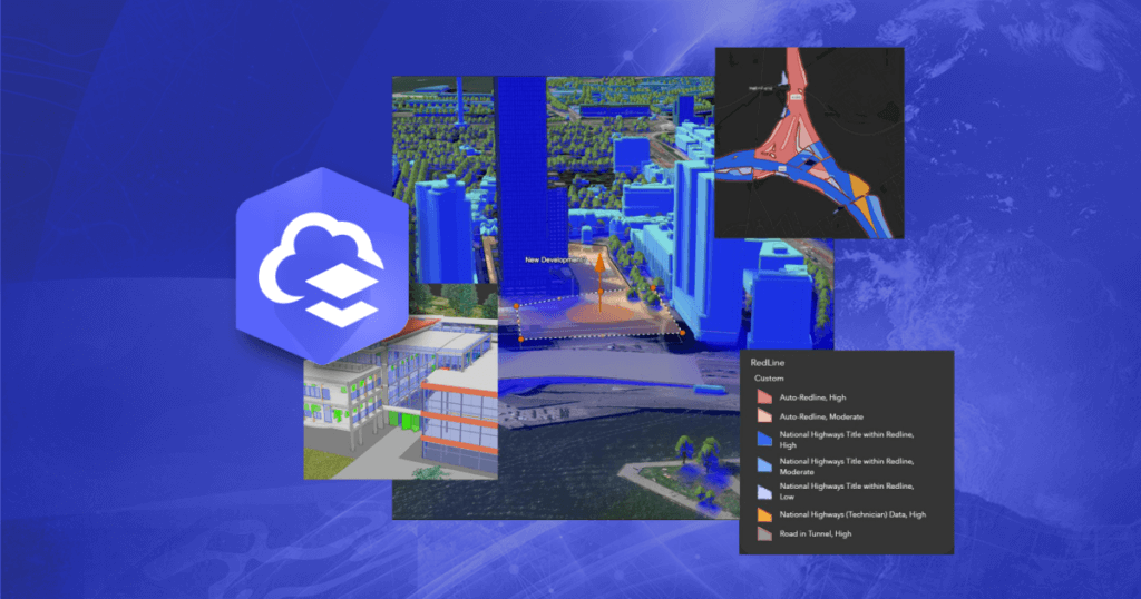 Imagem conceitual representando análise espacial e modelagem 3D com tecnologia GIS. No centro, uma visualização urbana com prédios em azul e uma nova área de desenvolvimento destacada. No canto superior direito, um mapa de rodovias com destaque em vermelho e azul, indicando diferentes classificações de vias. No canto inferior direito, uma legenda com categorias de análise de infraestrutura viária. No lado esquerdo, um ícone representando computação em nuvem e GIS. O fundo tem um tom azul com elementos gráficos representando o globo terrestre.