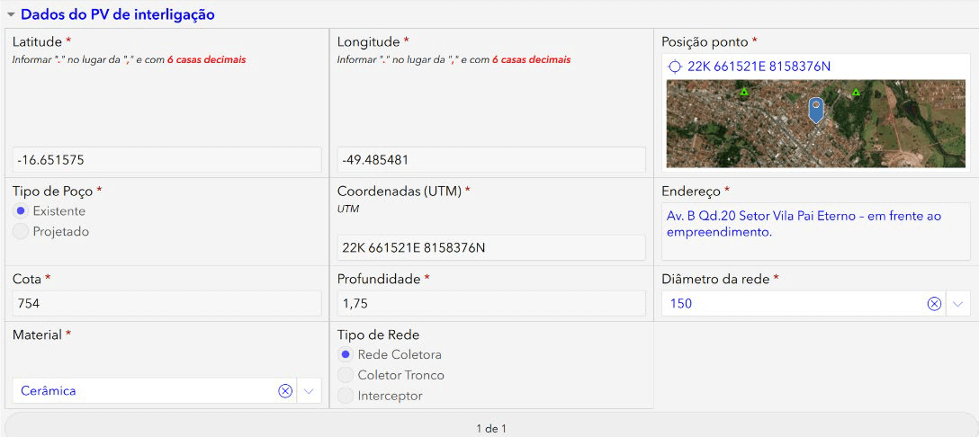 Dados do PV de Interligação Formulário digital com informações sobre o ponto de interligação de rede de esgoto, incluindo latitude, longitude, coordenadas UTM, tipo de poço, material, profundidade e diâmetro da rede. O mapa ao lado mostra a localização geográfica do PV de interligação.