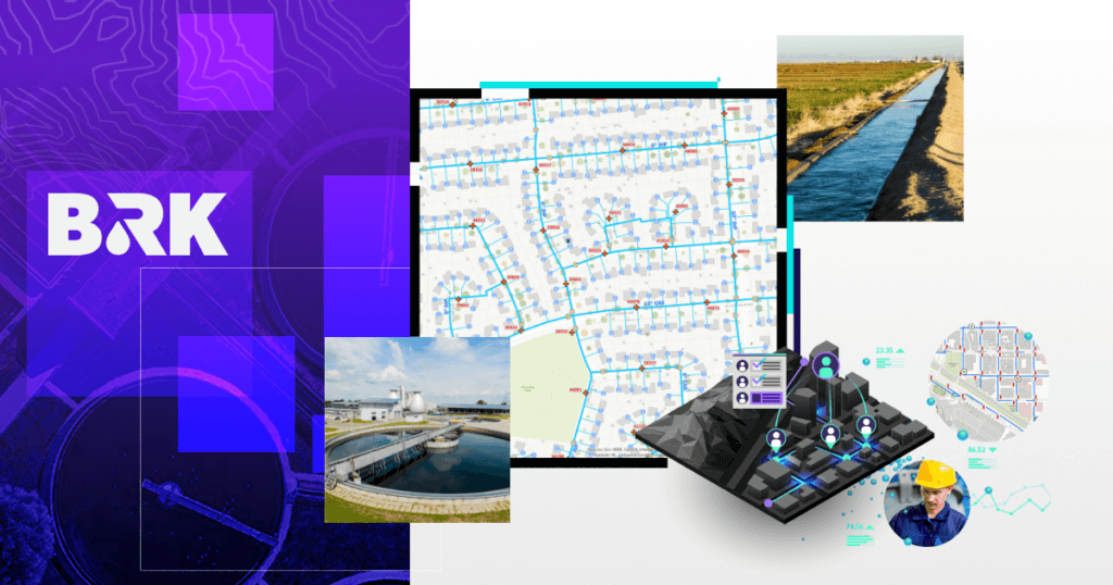 Imagem ilustrativa da BRK com elementos visuais relacionados à gestão de saneamento e geotecnologia. À esquerda, o logotipo da BRK aparece sobre um fundo azul com sobreposições geométricas e mapas topográficos. No centro, há um mapa de uma rede de distribuição de água ou esgoto, detalhando conexões e pontos de interesse. No canto inferior esquerdo, uma foto de uma estação de tratamento de esgoto. No canto superior direito, uma imagem de um canal de irrigação. No canto inferior direito, ícones e gráficos sobre um modelo tridimensional de uma cidade, representando análise de dados e monitoramento de infraestrutura. Um trabalhador com capacete aparece em destaque, simbolizando a atuação operacional no setor.