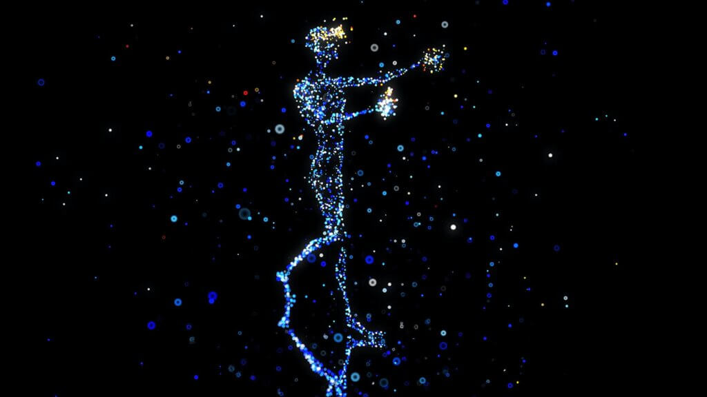 Imagem digital artística representando uma figura humana em forma de partículas brilhantes e coloridas, flutuando no espaço negro, representando um avatar virtual no metaverso.