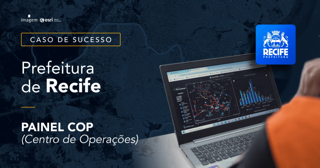 Imagem promocional destacando um laptop com o Painel COP (Centro de Operações do Recife) aberto na tela, acompanhada do título 'Caso de Sucesso – Prefeitura de Recife' e do brasão oficial da cidade.