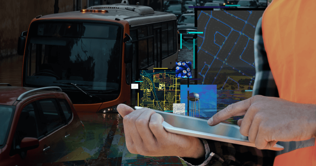 Imagem composta mostrando veículos, incluindo um ônibus, em área alagada e uma pessoa utilizando um tablet, sobrepostos a mapas e dados geoespaciais, ilustrando o uso de tecnologia de GIS para gerenciamento de enchentes e mobilidade urbana.