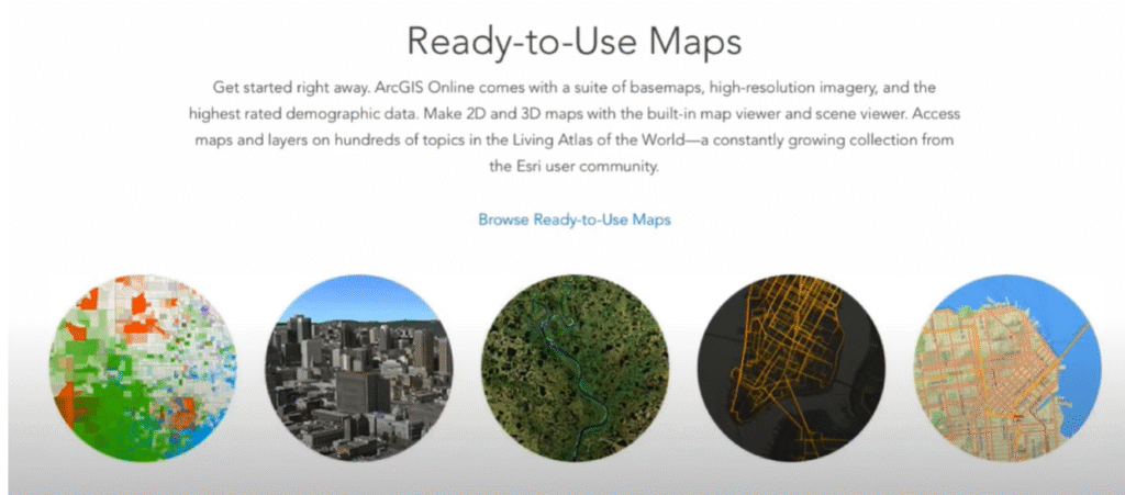 Mapa temático colorido e mosaico de imagens representando diferentes estilos de visualização disponíveis no ArcGIS Online, incluindo mapas 2D, 3D e imagens de alta resolução.