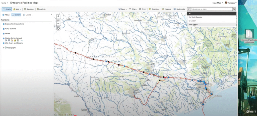 Mapa detalhado no ArcGIS com rede de dutos e estações sobre camada hidrográfica, mostrando localização de válvulas e elementos operacionais para inspeção e manutenção.