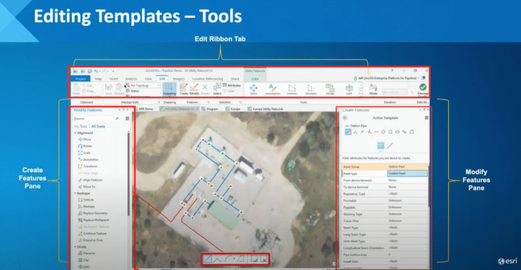 Interface do ArcGIS Pro mostrando painel de ferramentas para edição de atributos de ativos lineares sobre imagem aérea.