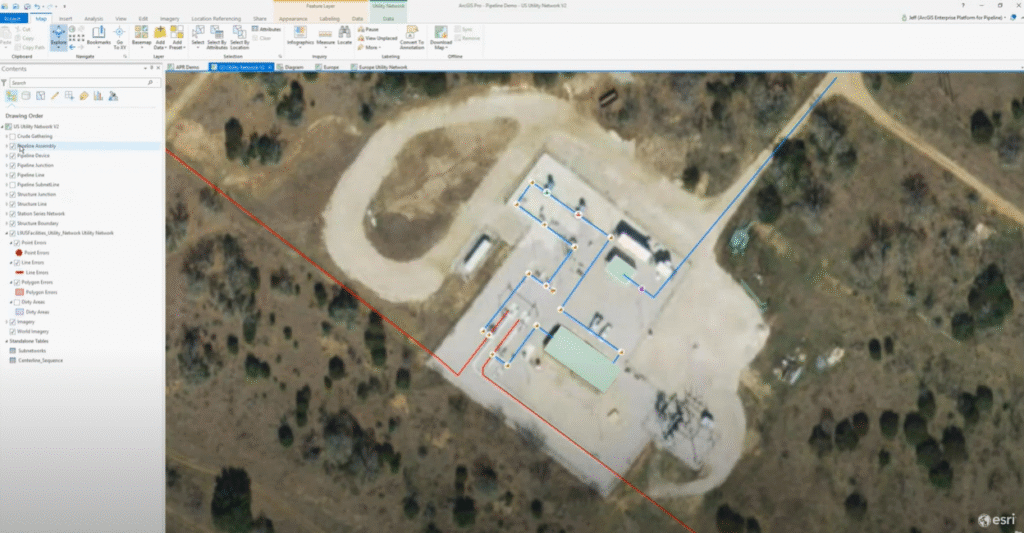 Visualização de ativos conectados em uma planta industrial usando ArcGIS Pro, com redes destacadas por cor e informações organizadas por camadas.