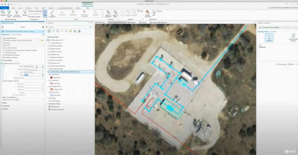 Painel de trace no ArcGIS Pro com análise de conectividade entre ativos sendo aplicada em planta georreferenciada com destaque visual em azul.