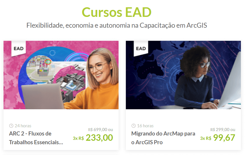 Imagem exibindo duas ofertas de cursos EAD de ArcGIS: à esquerda, uma mulher loira usando notebook para o curso ‘ARC 2 – Fluxos de Trabalhos Essenciais’ com informações de duração, preço e parcelamento; à direita, uma mulher negra com cabelos cacheados usando notebook para o curso ‘Migrando do ArcMap para o ArcGIS Pro’, também com informações de duração, preço e parcelamento