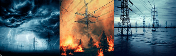 Linha de transmissão de energia elétrica exposta a eventos climáticos extremos como tempestades, incêndios florestais e enchentes.