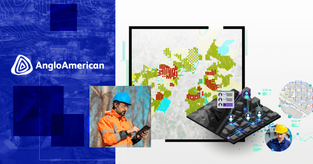 Representação visual do uso do GIS na mineração pela Anglo American. A imagem apresenta um mapa com dados geoespaciais coloridos indicando áreas de risco e monitoramento, um profissional de campo com capacete azul e tablet, além de um modelo tridimensional conectado a informações operacionais. O design destaca a aplicação de tecnologia geoespacial na gestão de operações.