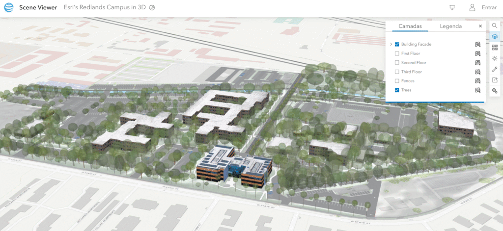  Visualização 3D do campus da Esri em Redlands, Califórnia, com edifícios modelados em camadas e árvores renderizadas, demonstrando o uso do ArcGIS para planejamento universitário integrado 