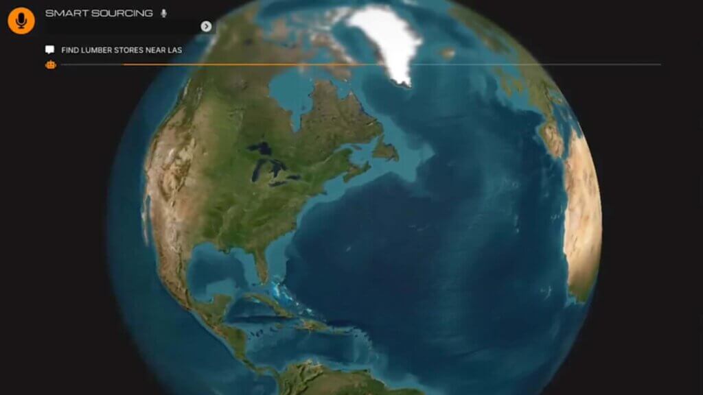 Visualização do globo terrestre em 3D com foco na América do Norte, destacando uma interface de busca por voz com o texto "Find lumber stores near LAS" (Encontrar lojas de madeira perto de Las Vegas). A interface aparece sob o título "Smart Sourcing", sugerindo o uso de inteligência artificial integrada a um sistema GIS.