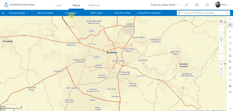 Interface do ArcGIS Business Analyst mostrando a criação de mapas no painel de Goiânia